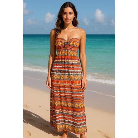 90s Body central Size Small multicolor ethnic bandeau Stretchy maxi dress hippie - Picture 1 of 10
